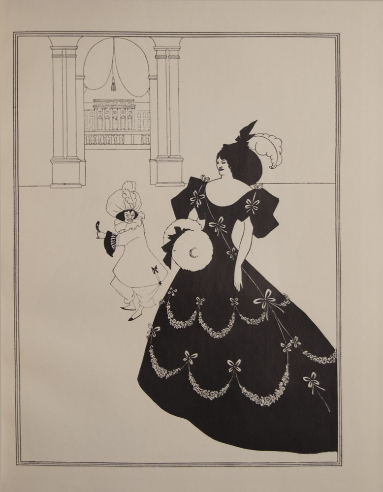 The image is of a woman standing in the foreground to the right She wears a long black dress with 3 4 sleeves garlanded with flowers She carries a muff and wears a hat with a white feather Behind her in the centre is a dwarf holding a mask dressed in pantaloons and a large puffed hat with feather long coat and ruff In the background there is an arched doorway between two pillars looking into an exterior balcony The image is contained in a frame of three thin black lines The image is vertically displayed