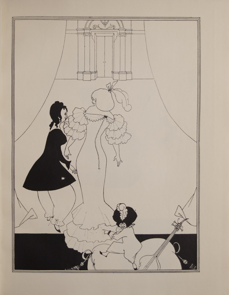 The image is of a central female figure back to viewer in a long form fitting flounced dress with zipper down back She has a feather in her hair To her left a female attendant stands with black hair in a black short dress over white bloomers They are on a stage between curtains In the foreground off the stage on an oversized pillow stands a dwarf wearing one piece bloomers a large turban with feather and a ruff Beside him is a stringed instrument At extreme background is a pillared doorway with a gargoyle head above The door is shut The image is framed by three thin black lines The image is displayed vertically