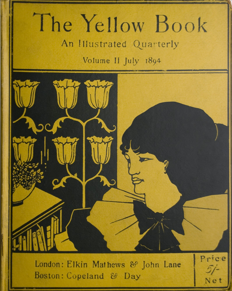 The image is divided in half vertically left is black with yellow design right is yellow with black design Left side contains a bookcase with a potted plant on top and behind a flowering candelabra design around Beardsley s signature On the right is a woman s head in 3 4 position her shoulders are covered in three ruffled collars tied with a large black bow Horizontal black lines frame the top and bottom The title and volume information is at the top of the image and the publisher s information is at the bottom The image is vertically displayed and printed with black ink on yellow background