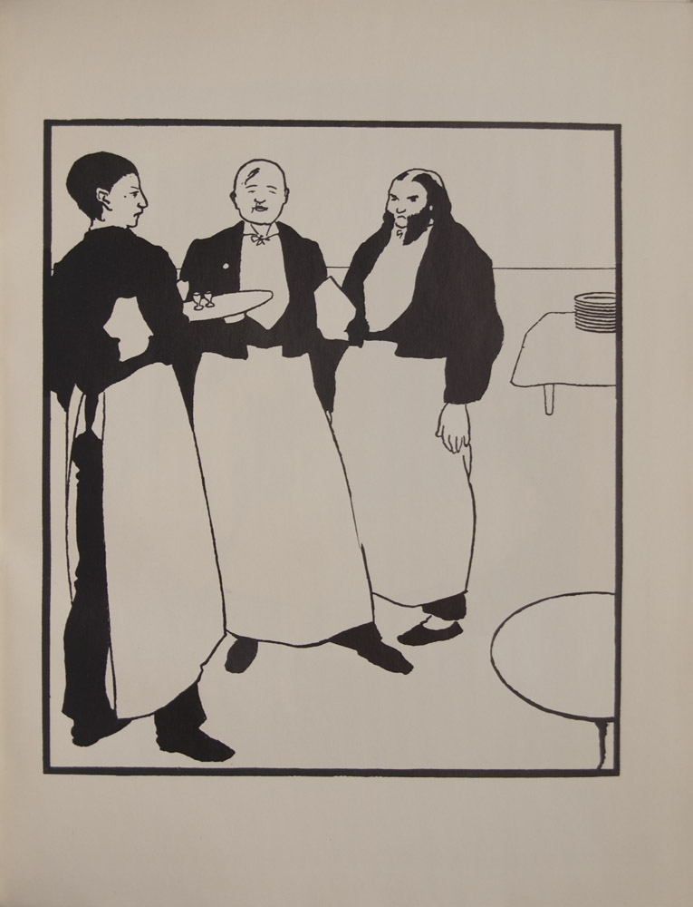 The image is of three men within black frame standing center left They are dressed in black coats pants white bibs aprons One carries a napkin and tray with two sherry glasses one holds a napkin third with mutton chops holds nothing Two tables at far right one with a pile of plates The image is vertically displayed
