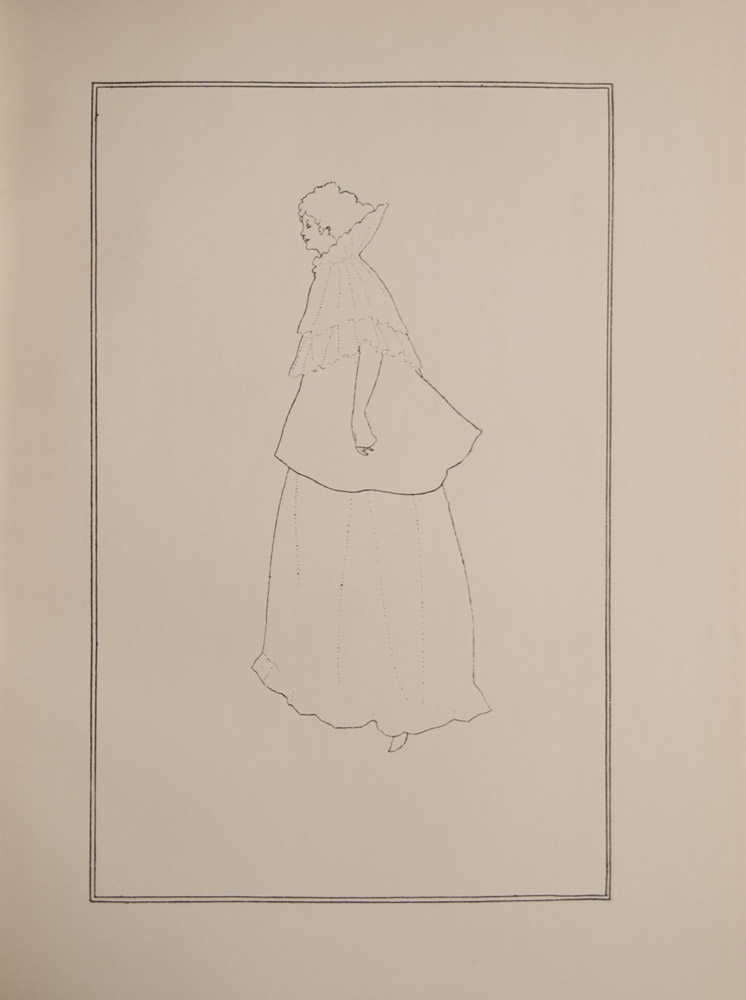 This portrait of Mme. Rejane is a minimalist outline drawing on a blank background The image is of a single female figure in full length profile facing left She is wearing a flounced cape over a skirt Two thin black lines frame the image The image is vertically displayed