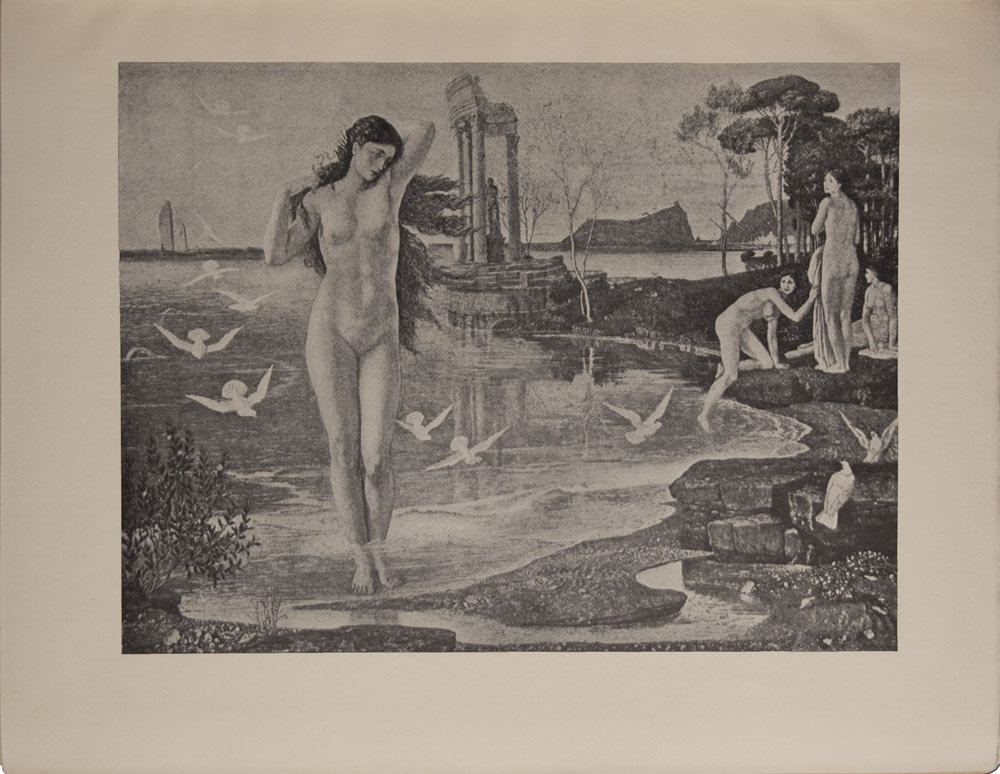 The image contains in the foreground left of centre a naked Venus standing on beach up to her ankles in water one hand on right shoulder left arm behind head long hair flowing behind encircled by flying white doves To her left is a small shrub To the right in the middle ground there are three naked nymphs one getting out of water one standing and drying herself one seated looking out to sea There are trees behind the nymphs The background contains a peninsula on which stands a ruined shrine with a statue within and in the distance sailing ships The image is horizontally displayed
