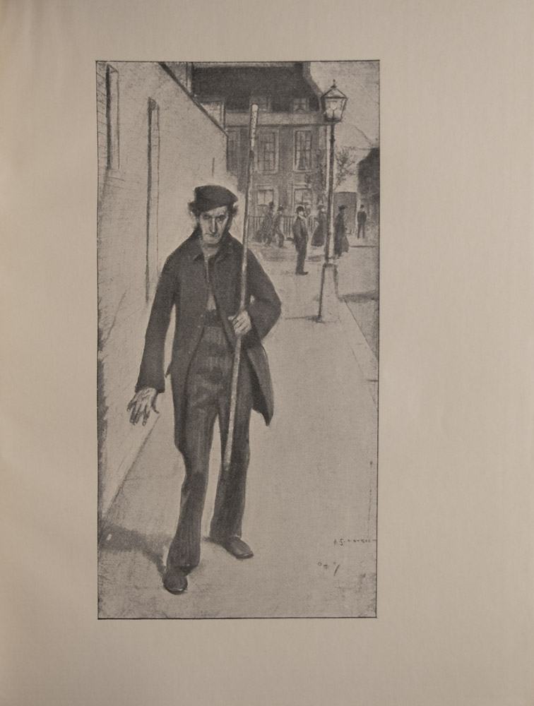 The image is of a working class figure walking face forward in the foreground On his left side is a brick wall he walks on the sidewalk and carries a long lamplighters pole Figure wears striped trousers long open coat and slouch hat Behind him is a lit lamp and in the background there is a street corner with pedestrians and buildings The image is signed in the bottom right The image is vertically displayed