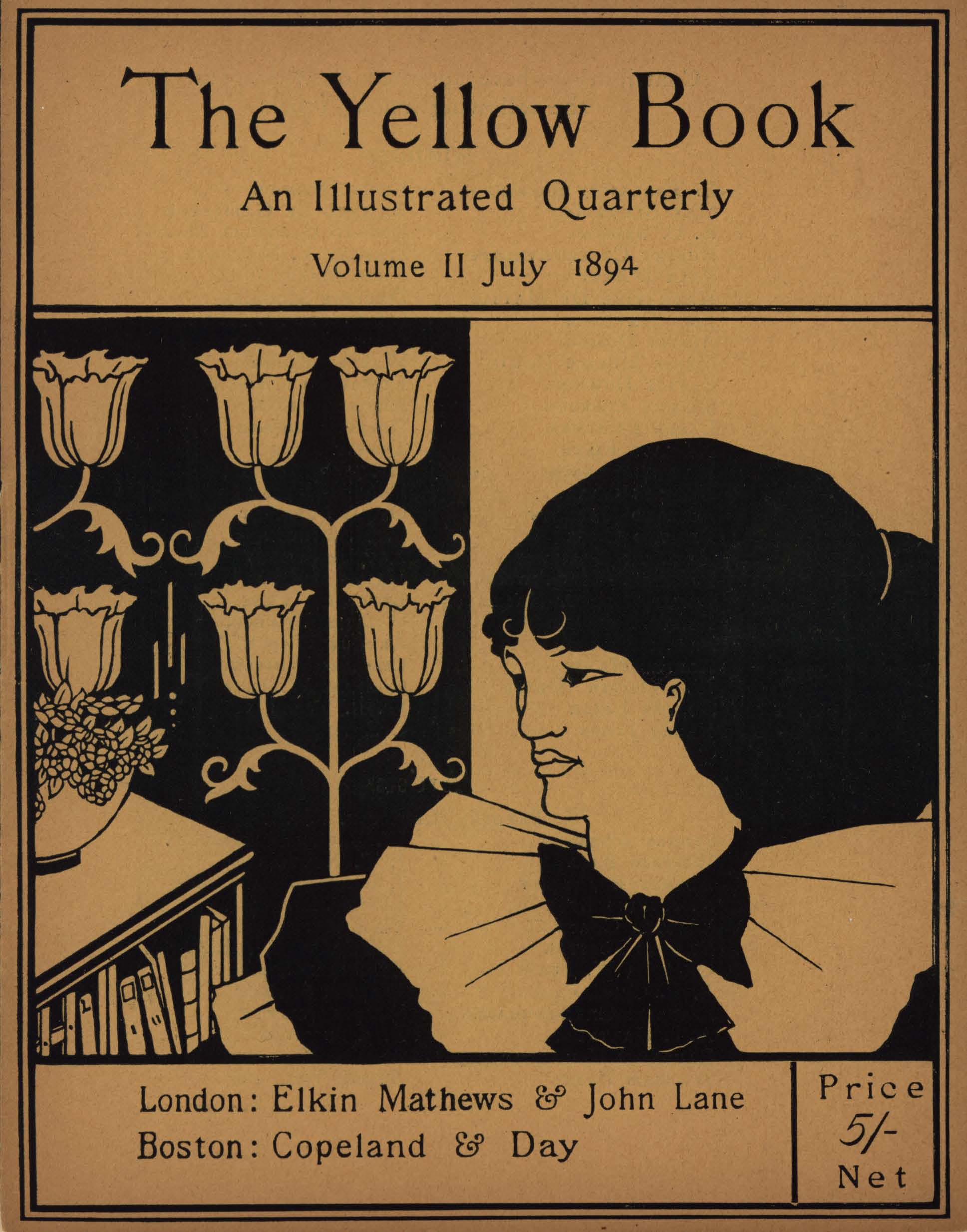 The image is divided in half vertically the left side is black and the right side is uncoloured The left side of the image contains a bookcase with a potted plant on top Behind and above the bookcase is a flowering candelabra design On the right side of the image is a woman s head in 3 4 position looking left her shoulders are covered in three ruffled collars tied with a large black bow The image is printed black on yellow paper and vertically displayed