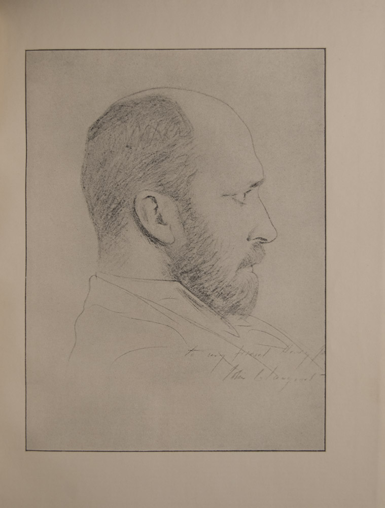 The image is a portrait of a man s head in profile looking right He is a bearded balding figure with an intense look The image has a thin black frame Signed to my friend Henry James John S Sargeant The image is vertically displayed
