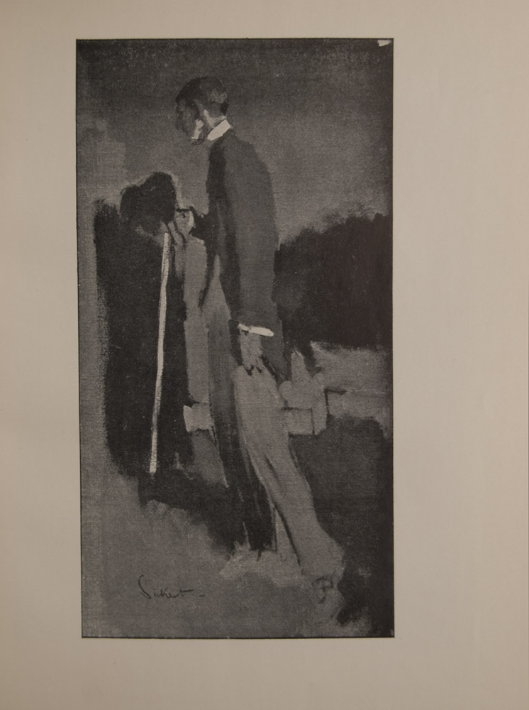 The image is of Beardsley viewed at full length in the act of walking away His head is turned in profile his chin is illuminated from below He wears a white collar cuffs a dark coat and light trousers He is holding a hat and white walking stick in his right hand His body casts a shadow in front of him The background is indistinct and shadowy The image is displayed vertically