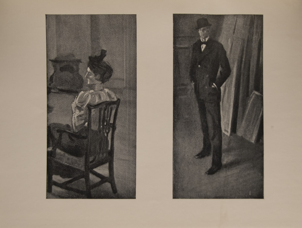 The image is of a full length figure of a man who stands facing viewer His hands are in the pockets of dark suit he wears a bowler hat He stands in a room with stacked canvases behind him The image is displayed horizontally