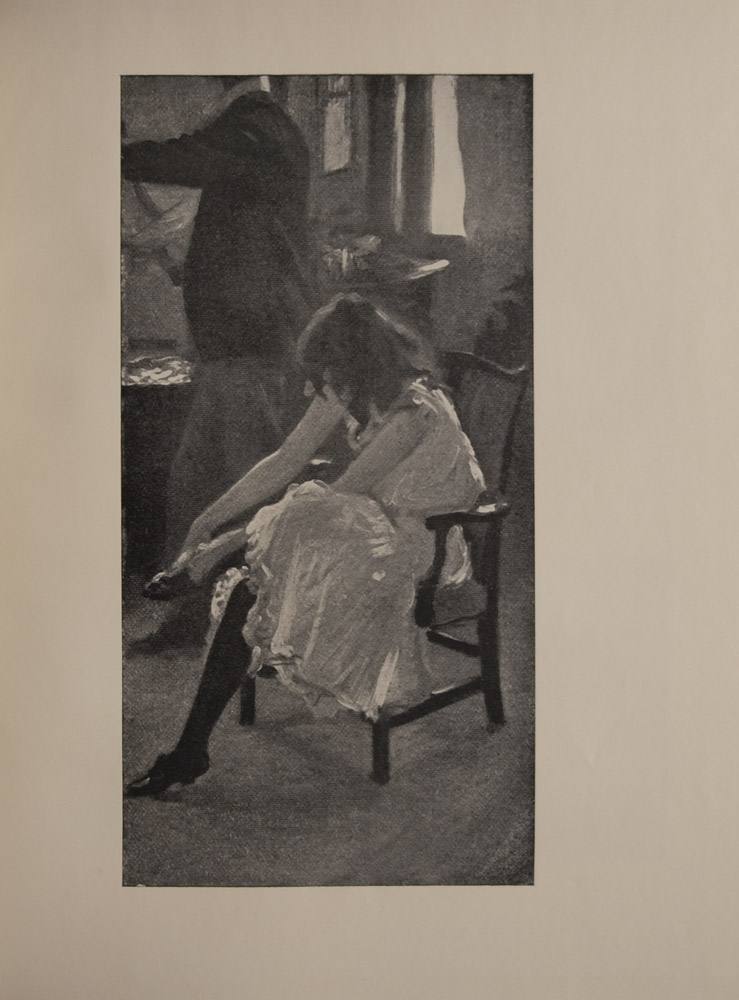 The image is of a seated girl or young woman putting on her shoe in the foreground her hair is over her face and she wears a light white dress or under dress Behind her stands a man his full length figure is in profile The man s head is cut off and out of frame The scene is an interior room with a window behind the man s back There are tables beside and behind him The man is in trousers and dark jacket with a white collar The image is displayed vertically