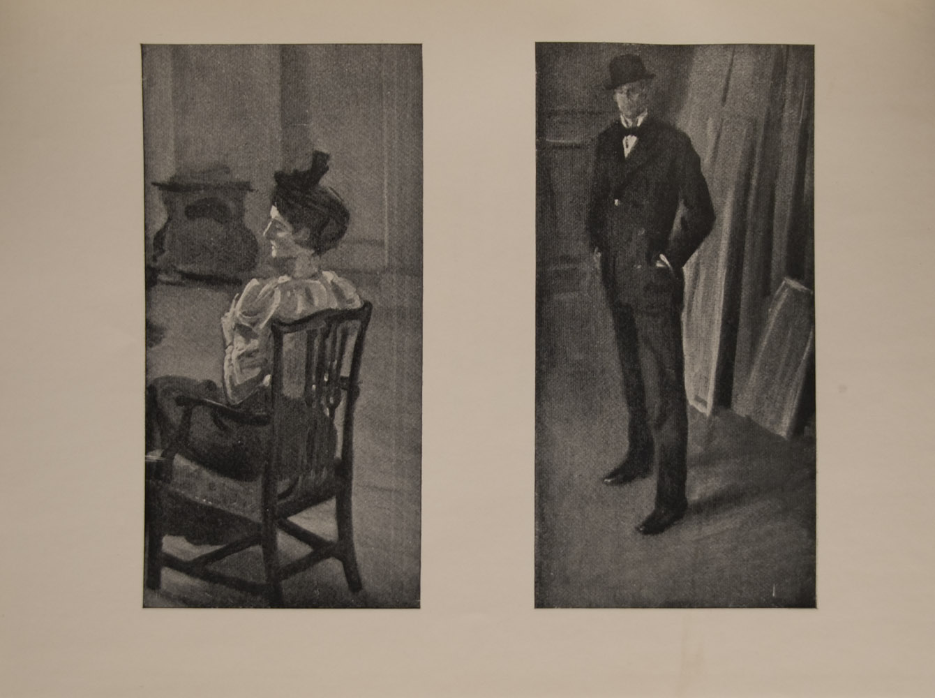 he image is of a mature woman seated in a chair her back to the viewer but with head in profile She wears a hat a white blouse and a dark skirt The scene is in an interior room there is a stove in the background The image is displayed horizontally