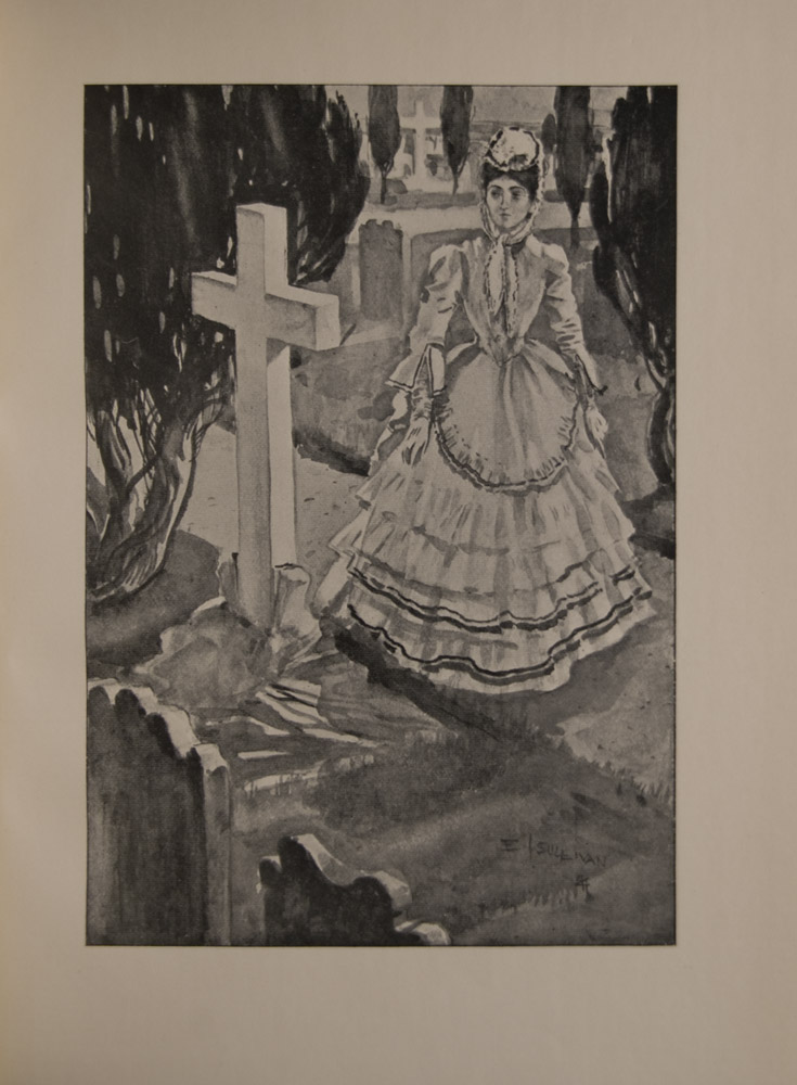 The image is of a woman standing and looking at a grave She wears a flounced Victorian white dress a white hat and gloves The grave has a large white cross and stands in a graveyard marked out in rows Two graves stand in the foreground in the bottom left corner Cypress trees stand in the middle ground and background The image is signed in the bottom right corner The image is displayed vertically