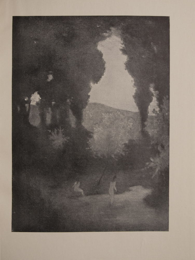 The image is a landscape the foreground contains two small nude figures by a pool of water one is standing in the water and the other is seated nearby There are towering trees in the background with a clearing that looks out into the horizon The image is displayed vertically