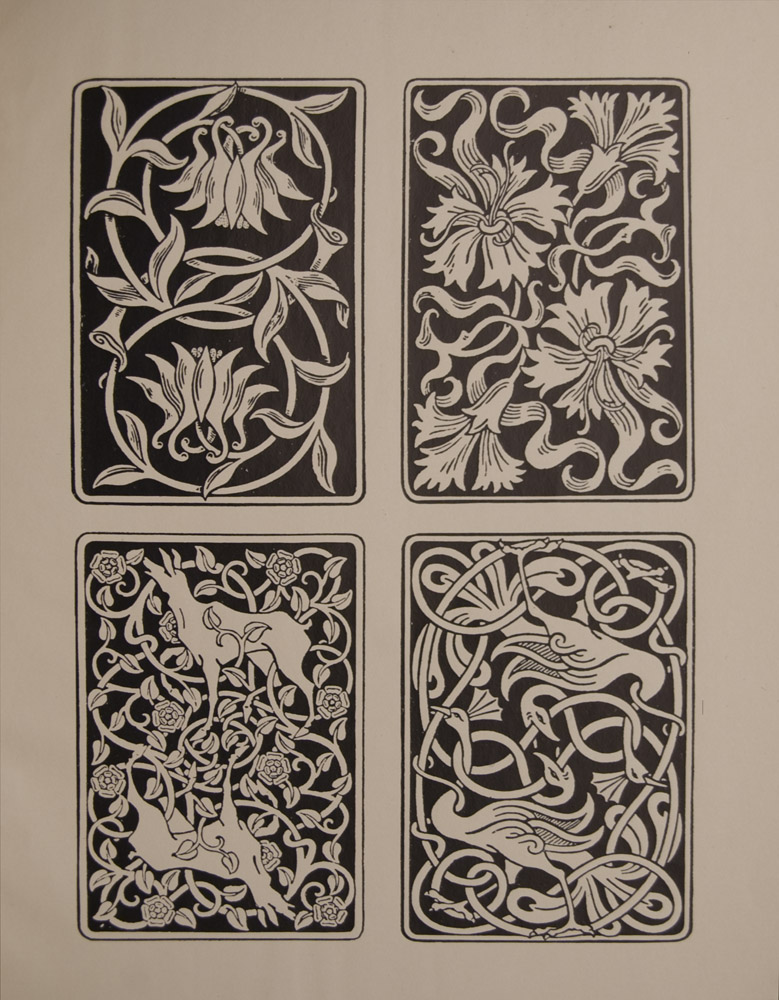 The image is of 4 playing card designs They are all curvilinear art nouveau designs Two of the cards have floral designs and the other two are of fauna one with two deer and the other with two swans The image is displayed vertically