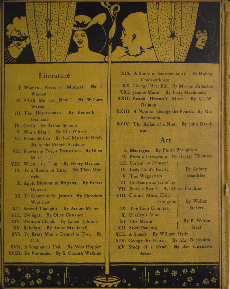 Back cover is divided vertically into two sections by a lit candle The candle separates the Literature list on the left from Art list on the right The cover is divided horizontally into three sections by the black frame of polka dot curtained window at the top and by a flowered pane at the bottom In the upper left there is a torso of a masked woman with light hair and striped attire looking sideways to the left To her right is the polka dotted curtain which is positioned behind a candelabra To the right of the curtain that is at the centre is the torso of a bare shouldered smiling black haired woman in large hat with bow The lit candle in the middle separates this woman from the torso of a harlequin in profile with a large ruff on neck To the right there is another polka dotted curtain behind this curtain is a 3 4 view of the torso of a woman in black with black hair smiling with downcast eyes facing right Artist s signature is at bottom centre to the immediate left and right of the candle that divides Literature and Art The image is vertically displayed and printed with black ink on yellow background