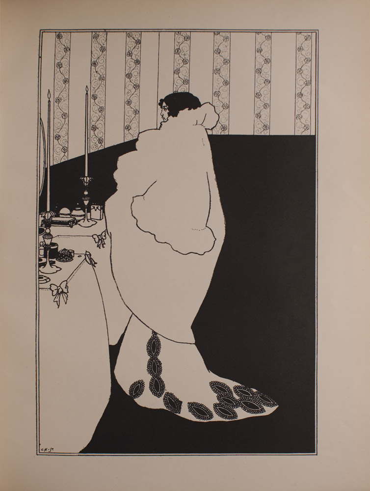 Image is of a full length woman standing at a dressing table in a bare room decorated with striped floral wallpaper She is in the middle of the frame dividing the image in half vertically She has black hair and is wearing a very large white bed jacket over a formal dress with train The woman is shown in profile looking to the left at what may be a mirror The dressing table is decorated with bows and lit by two tall candles The image is vertically displayed