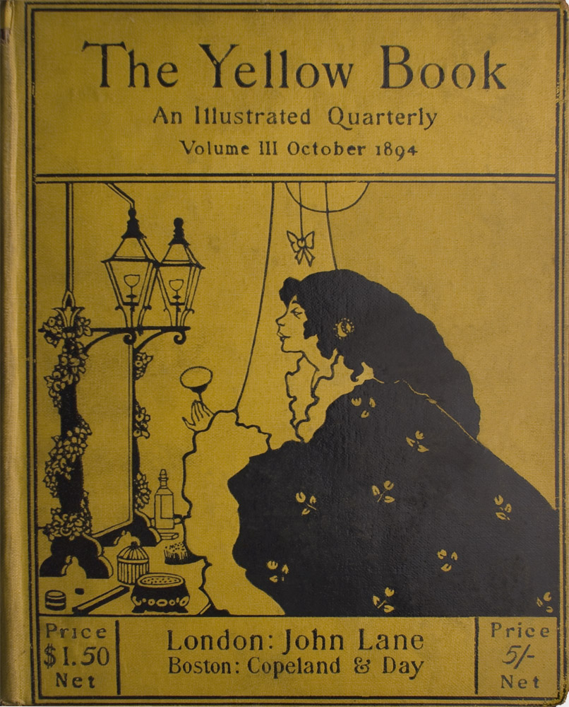 Image is divided into three pieces horizontally the central illustration, the header and the footer The central illustration takes up more than half of the cover It shows a woman in the right half of the frame She has long dark hair and she is wearing a black dressing gown with white cuffs and collar The gown is decorated with white flowers She is shown in profile holding a powder puff She is in front of a mirror decorated with a garland and illuminated by two lamps There are toiletry articles on the dressing table in front of her There is the suggestion of curtains behind her Immediately above her head depending from a string is a bow The image is vertically displayed and printed with black ink on yellow background