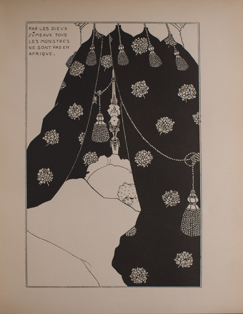 Image is of a small sleeping man in an enormous white bed He has the blankets pulled up to his chin with his tiny turbaned head resting on a pillow Black bed curtains divide the image in half vertically The curtains are decorated with flowers and tassels Through the curtain s opening there is a small figurine of a topless woman attached to what seems to be a bell pull The image is vertically displayed