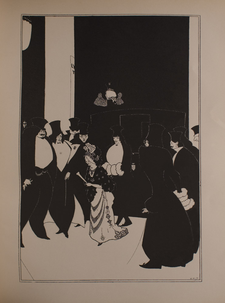 The central figure is an elderly woman in a long dress holding a furled fan walking between two rows of men in black evening suits The old woman is wearing a large hat with three feathers a white evening gown and a black shawl with a flower pattern All of these people are in the lower half of the image dividing it in half horizontally Several men are wearing top hats holding gloves and canes The first figure in the row at right is a woman holding a white muff In the centre background behind the crowd is a carriage with a coachman in livery and a top hat To the left of the carriage is a large white pillar and a light A small section of a sign Lyceum Theatre is evident in the background The image is vertically displayed