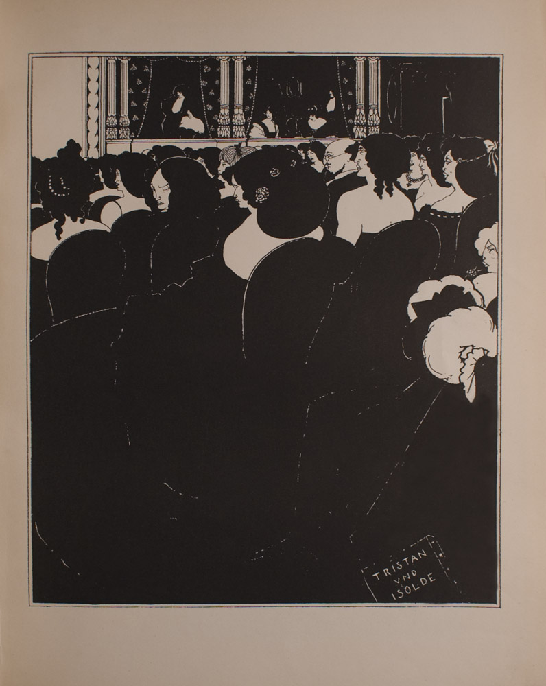 Image is of an audience sitting in rows at an opera In the foreground there are women with elaborate hair and bare shoulders as well as one bald man with glasses In the background there are three opera boxes with standing men and seated women Each opera box is separated by pillars and flowered curtains In audience at far right there is a seated woman holding an enormous muff On the ground in bottom right corner there is a program for TRISTAN UND ISOLDE The image is displayed vertically