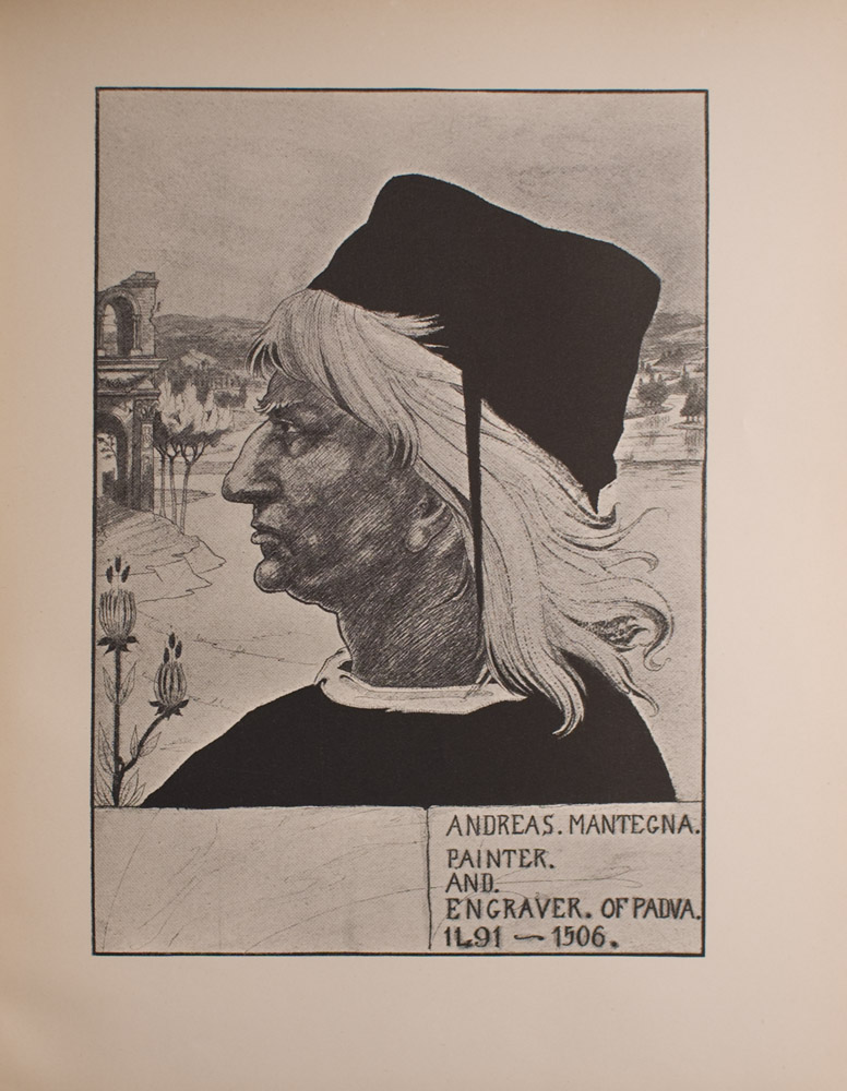 Image is of man in profile taking up about 3 4 of the frame He is wearing a Renaissance style black hat over light coloured hair that reaches his shoulders He is wearing dark clothing with a narrow white collar In the foreground to his left are two thistles In the background there is a ruined archway trees distant hills and a river stream The sky above him is clear and empty The image is vertically displayed