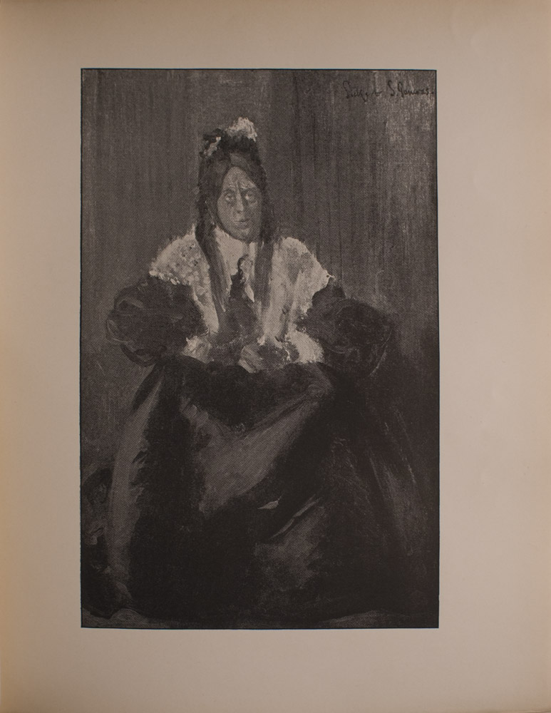Image is a portrait of a woman or perhaps of a man dressed as a woman seated wearing a lace shawl over a black dress Her hair is dark coloured styled in braids She takes up approximately 3 4 of the image The black dress she is wearing blends into the background which is open The artist s signature is in the upper right hand corner The image is vertically displayed