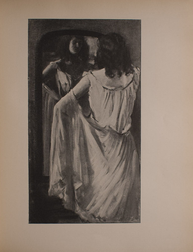 Image is of a young dark haired woman standing before a framed mirror fastening white skirt at the waist Her back is toward the viewer but her face is visible through the reflection of the mirror She is shown from the hemline up with her body taking up approximately 3 4 of the image The walls of the room are unadorned and light-coloured The image is vertically displayed