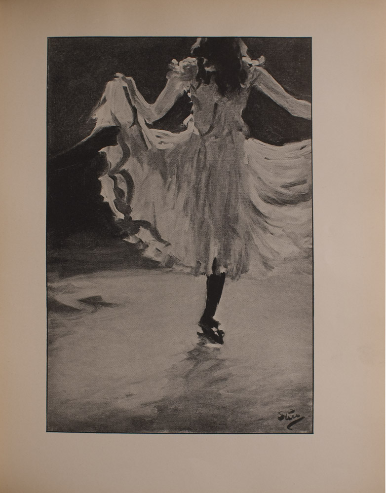 Image is of a young woman dancing in a white skirt and black stockings viewed from the back She is holding the skirt out at the edges while she kicks her left leg to the side Her head is cut off at the top but her shoulder length dark hair is visible There is the suggestion of both a stage and a spot light The background is open and undefined The artist s signature is in the bottom right corner The image is vertically displayed
