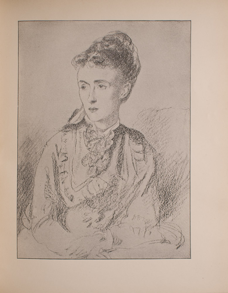 Image is a half portrait of a seated woman looking to the left taking up approximately 3 4 of the image Her hands are crossed on her lap only partially shown She is wearing her dark hair done up and has a lace jabot at her throat The background is light coloured and open The image is vertically displayed