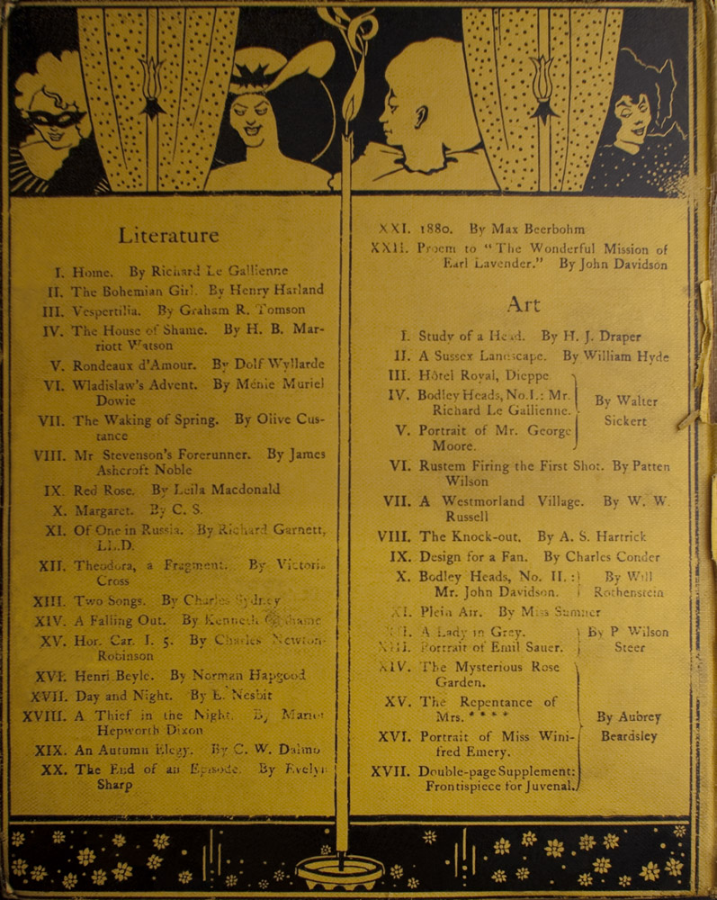 Back cover is divided vertically into two sections by a lit candle The candle separates the Literature list on the left from Art list on the right The cover is divided horizontally into three sections by the black frame of polka dot curtained window at the top and by a flowered pane at the bottom In the upper left there is a torso of a masked woman with light hair and striped attire looking sideways to the left To her right is the polka dotted curtain which is positioned behind a candelabra To the right of the curtain that is at the centre is the torso of a bare-shouldered smiling black-haired woman in large hat with bow The lit candle in the middle separates this woman from the torso of a harlequin in profile with a large ruff on neck To the right there is another polka dotted curtain behind this curtain is a 3 4 view of the torso of a woman in black with black hair smiling with downcast eyes facing right Artist s signature is at bottom centre to the immediate left and right of the candle that divides Literature and Art The image is vertically displayed and printed with black ink on yellow background