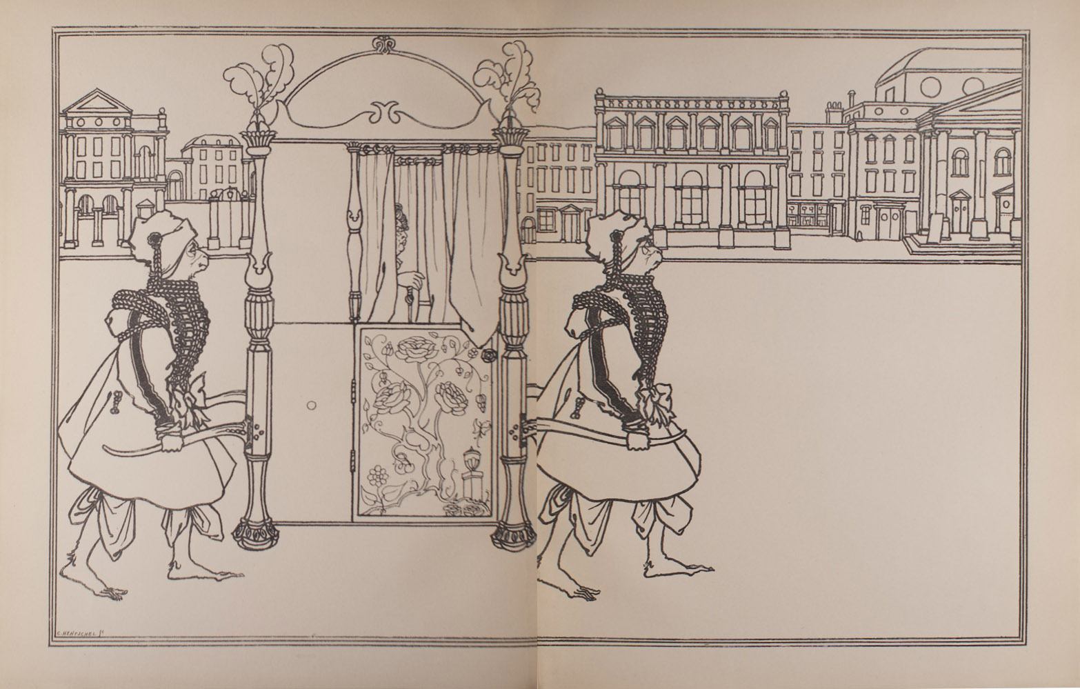 The image is of two apelike figures carrying a sedan chair A figure sits in the chair mostly hidden by curtains The chair is decorated with a rose pattern on the door and feathers extending from the posts The apelike figures are wearing embellished attire with braided coats bows and decorated headpieces They are barefoot In the background there is a city street with buildings The image is vertically displayed and spans two pages a double page opening