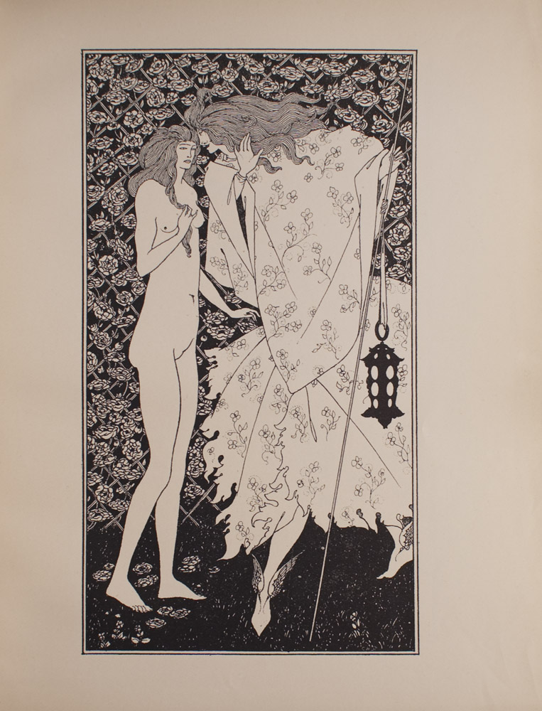 The image is of two figures that are standing on the grass with flowers beside their feet The figure on the left is a woman who is nude She has long hair and she is twirling a strand around her fingers with her right hand She is half facing the figure on the right The figure on the right also has long hair and is whispering into the woman s left ear The figure is wearing a long flower patterned robe and is holding a long thin staff with a lantern tied to the staff The figure holds it in its left hand The figure is also wearing winged shoes In the background there is a rose trellis The image is vertically displayed