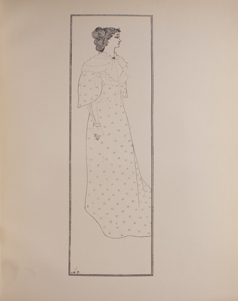 The image is of a woman facing right The woman is wearing a long dress with a polka dotted pattern and a lace collar and sleeves Only the woman s right arm is visible The image is vertically displayed