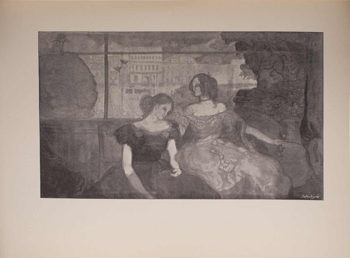 The image is of two women who are both seated The woman on the left sits lower than the woman on the right The woman on the left is wearing a dark evening gown while the woman on the right is wearing a lighter gown The woman on the right is wearing a choker around her neck and is looking to the viewer s left The woman on the left is looking down and to the viewer s right In the background of the image there are buildings There are lines that cut through the image both vertically and horizontally which may indicate a window behind the seated women The horizontal line could also be a type of beam or tightrope In the left side of the background there is a figure gender unknown that appears to be balancing on the horizontal beam or rope above a tree The image is horizontally displayed