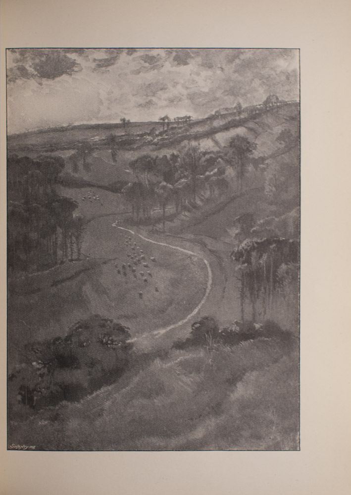 Image is of a pastoral landscape looking down from a high elevation showing a winding stream through groves of trees on a high down A herd of sheep or cattle graze in the meadown to the left of the stream The image is vertically displayed