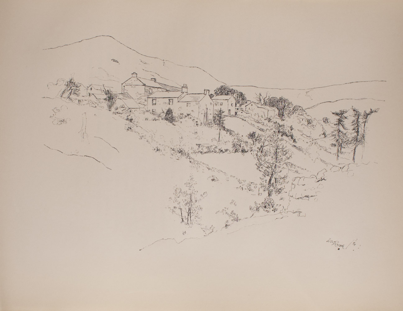 The image is of a small village In the foreground there are trees a stone enclosure and shrubbery The village dwellings are in the middle ground In the background there are hills The image is not framed and is horizontally displayed