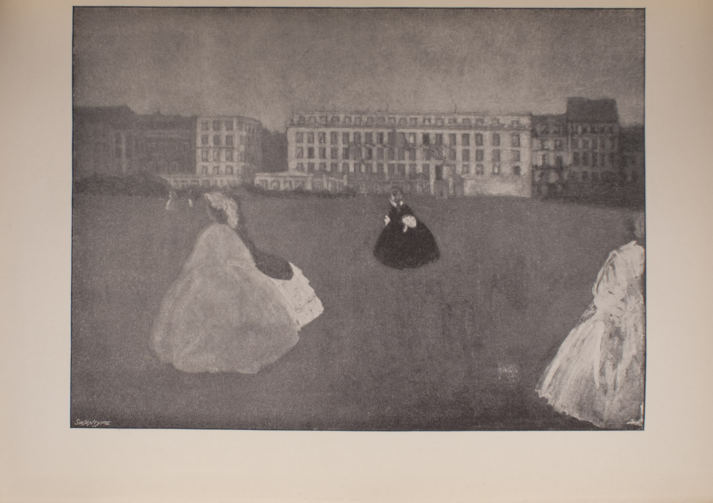 Image is of women walking in the foreground and middle ground both alone and in pairs In the background there is a series of buildings with many windows The women are wearing long full skirts The image is displayed horizontally