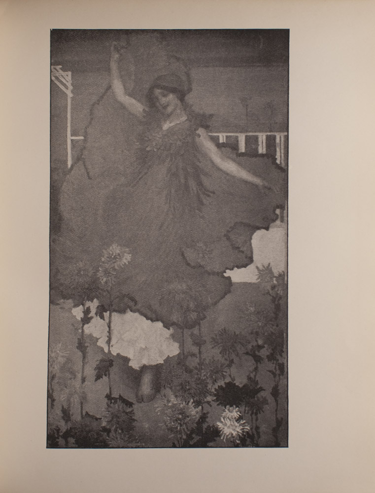 The image is of a female with her eyes closed who appears to be dancing She is wearing a billowy dress with no sleeves and a collar that appears to have many petals She is also wearing a headpiece and a necklace Her right hand is extended above her head holding the hem of her dress Her left hand is extended away from her body and raised to hip level She appears to be wearing another billowy white garment under the top dress She is barefoot In the foreground there are flowers and in the background there is a fence and a gate The image is vertically displayed