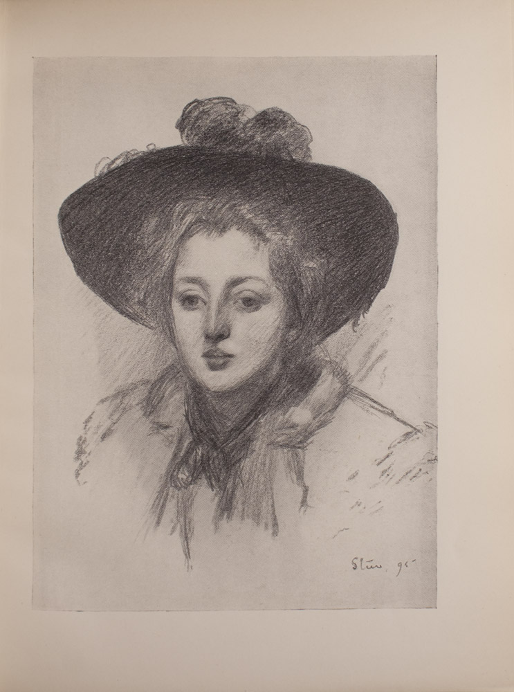 The image is of a woman wearing a hat It is a half portrait showing only the womans head and shoulders The hat has a large brim and there appears to be feathers on top The woman also wears a scarf around her neck The image is vertically displayed