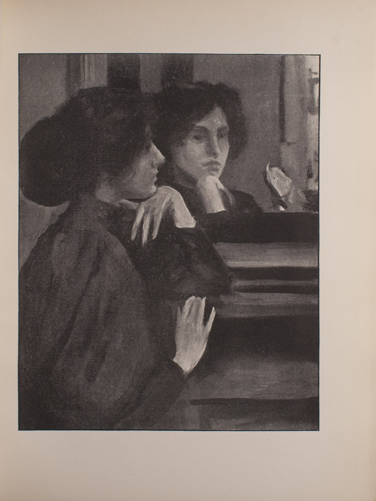 The image is of a dark haired woman in front of the mirror Only the top half of her body is visible The womans left elbow rests on a mantel and her chin rests on the top of her left hand Her right hand is lightly touching the mantel The woman is in profile turned slightly towards the mirror and away from the viewer Her face is fully visible in the mirrors reflection The woman is wearing dark clothing with puffed sleeves The image is vertically displayed