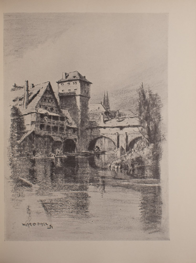 The image is of a waterway buildings a water tower and an arched bridge The waterway is in the foreground and middle ground The buildings and water tower are in the middle ground and are on the left side of the image while the bridge is on the right side In the far right middle ground obstructing the view of the bridge is a shoreline with trees and other vegetation There is a figure under the arch of the bridge closest to the water tower In the background there is a suggestion of church spires The image is vertically displayed