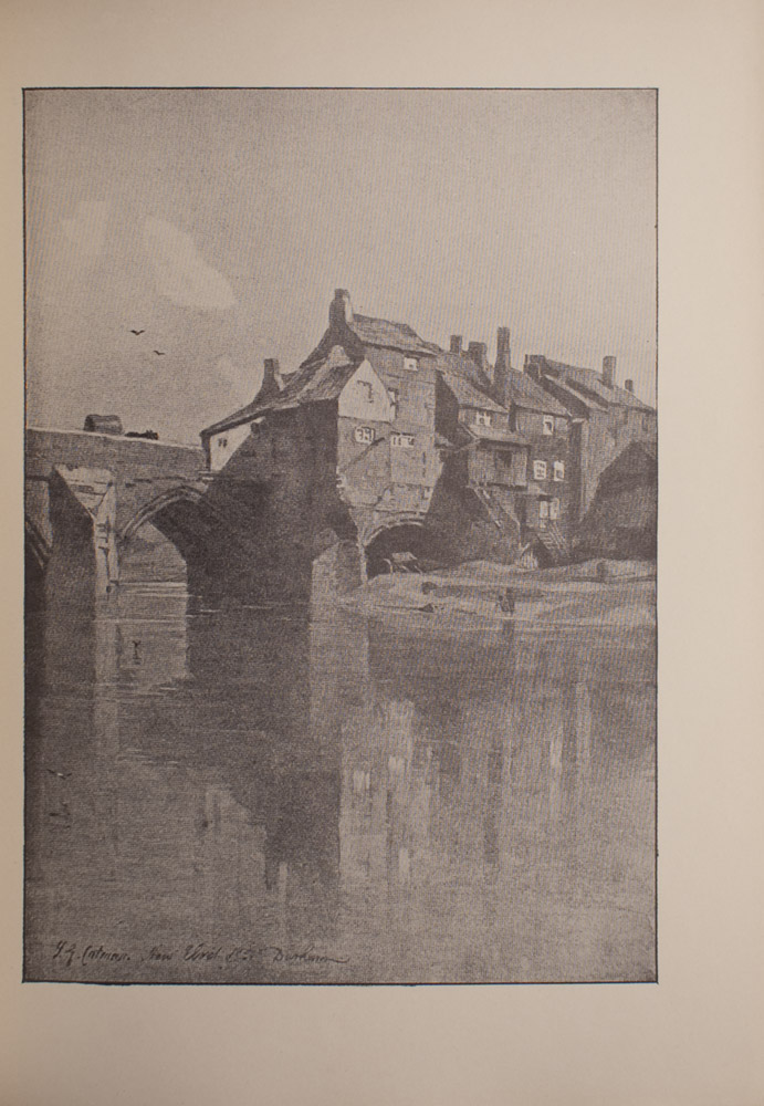 The image is of a waterway in the foreground and an arched bridge and buildings with many windows and chimneys in the middle ground The bridge is on the left and the buildings are on the right On the bridge there is a covered wagon being pulled by an unidentifiable animal or animals In the sky above the bridge there are two birds A small shoreline can be seen behind the buildings There are two figures on the shore The reflection of the buildings can be seen in the water The image is vertically displayed