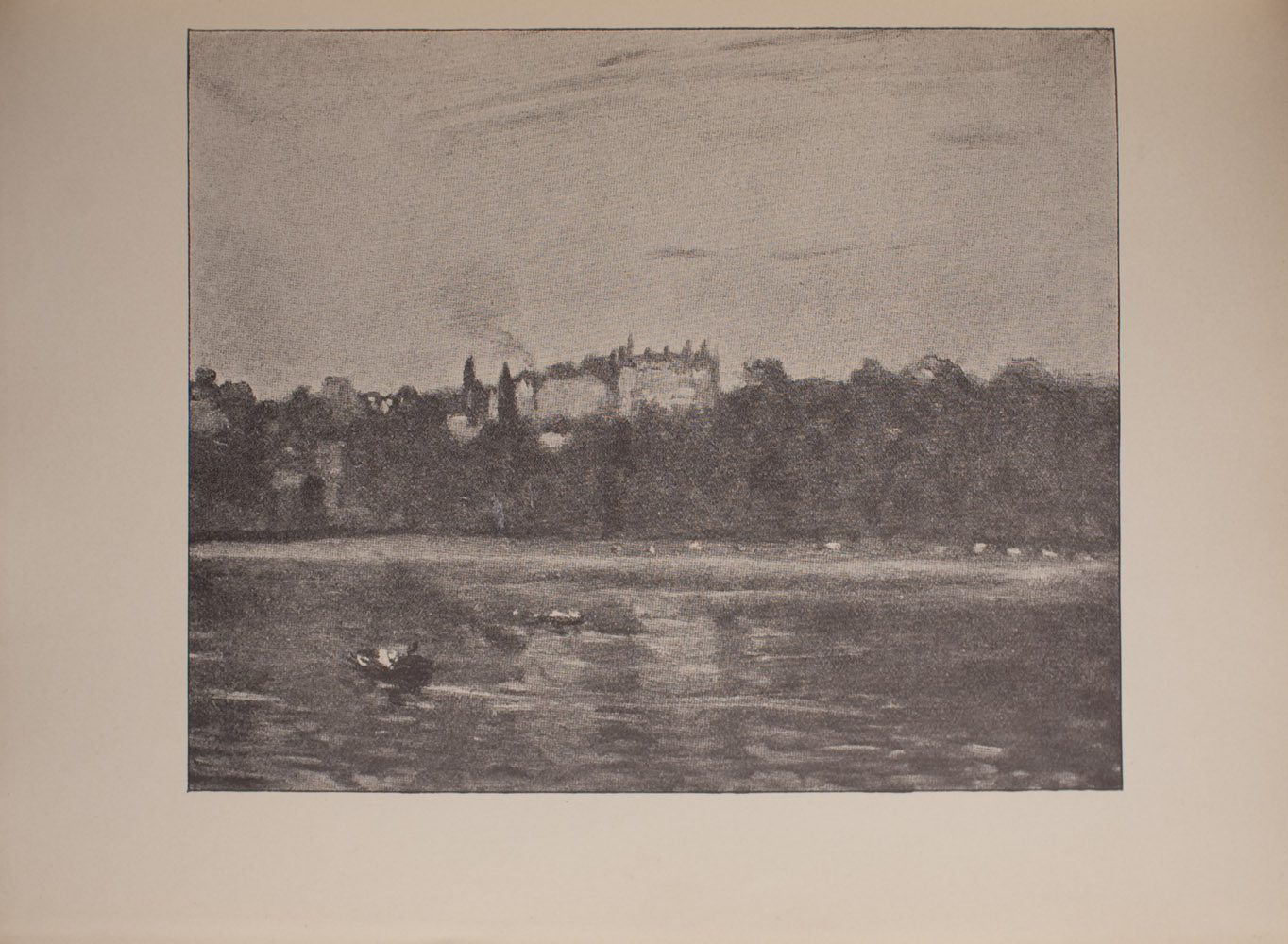 The image is of a waterside scene In the foreground there is a large body of water with two boats on the left side of the image In the middle ground there is a shoreline with many trees Beyond the forest of trees is a large building with smoke rising from the chimney The reflection of the landscape can be seen in the water The image horizontally displayed