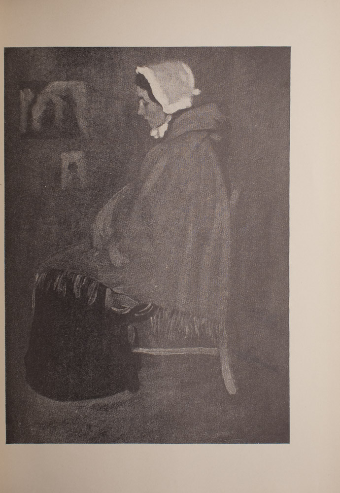 The image is of a seated woman in profile facing left The woman is wearing a light coloured bonnet a dark skirt and a large shawl wrapped around her shoulders She is sitting on a chair and only the legs are visible Her gaze is slightly downcast In the background there appears to be two pictures on the wall to the left of the seated woman The image is vertically displayed