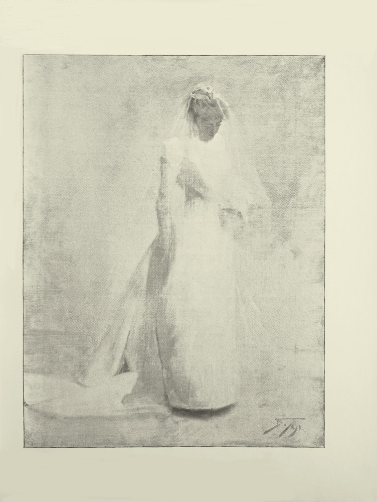 Image is a full figure of a woman shown in 3 4 face facing the right She is wearing a bridal gown and a veil The dress is long sleeved with a train Her light coloured hair is done up securing the veil in place There is the suggestion of flowers in her left hand She is looking down toward the flowers The background is open and light coloured The artists signature and year F B 91 are in the bottom right hand corner of the image The image is vertically displayed