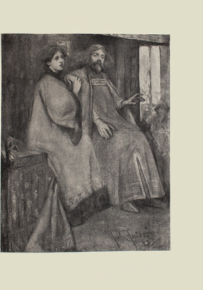 Image is an interior scene with a male figure a female figure and a third figure harder to distinguish The male and female figures are both wearing long robes with long sleeves The man is sitting on the right the woman is on the left He is bearded with long hair and a headpiece His left arm is extended outward his right hand is resting on his leg His foot is sticking out slightly from underneath the robe The womans right hand is clasping her left one loosely these hands are resting on the mans right shoulder She is shown in 3 4 face Her dark wavy hair is braided and secured by a headband In the background to the right of the mans shoulder is a hooded figure seated in front of a large window On the left side of the woman is a table with a figurine on it The artists signature and the date John Costa 93 are written in the bottom right The image is vertically displayed