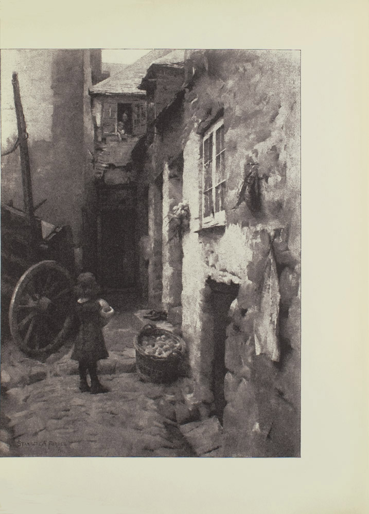 Image is of an alleyway There is child standing in a cobblestone street shown from behind The child is holding onto an unidentified object bread and is wearing dark coloured dress shoes and stockings To the left of the child is a wagon to the right is a bushel basket of apples or potatoes leaning against the white wall of a building A bunch of flowers hangs above the bushel on the wall To the right of these flowers at the same level as the other doors is a window with a white frame There are several doors in this wall The wall divides the image in half vertically A pair of shoes sits on a step between two doors In the middle of the image there is a shadowed doorway; directly above this doorway is an open two framed window A child figure has its arms draped over the sill an adult figure is standing behind the child The artists signature Stanhope A Forbes is in the lower left hand corner The image is vertically displayed