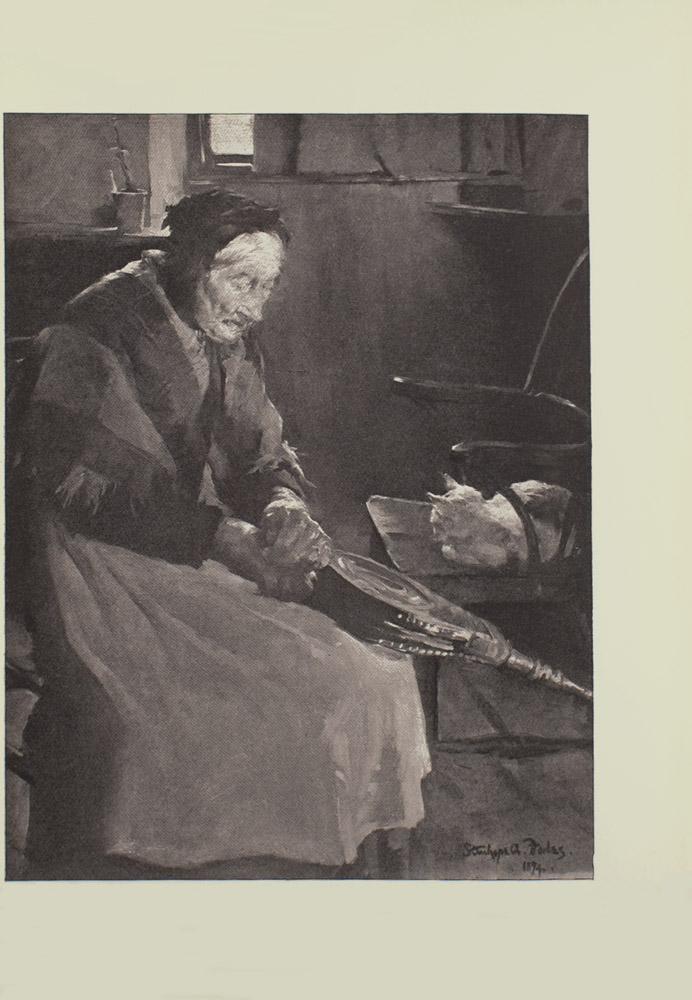 Image is of an elderly woman with a fireplace bellows Her hands are clasping the handle of the bellows she is hunched slightly over it Her arms and the bellows divide the image in half diagonally The woman is shown in right profile her white hair tucked under a kerchief or scarf A plaid shawl is draped over her shoulders She is wearing a dark coloured long sleeve top and a long light coloured skirt Beside her in the middle ground is a chair with a cat curled up on it In the centre background the bottom portion of a curtained window is visible The artists signature and year Stanhope A Forbes 1894 is in the bottom right hand corner The image is vertically displayed