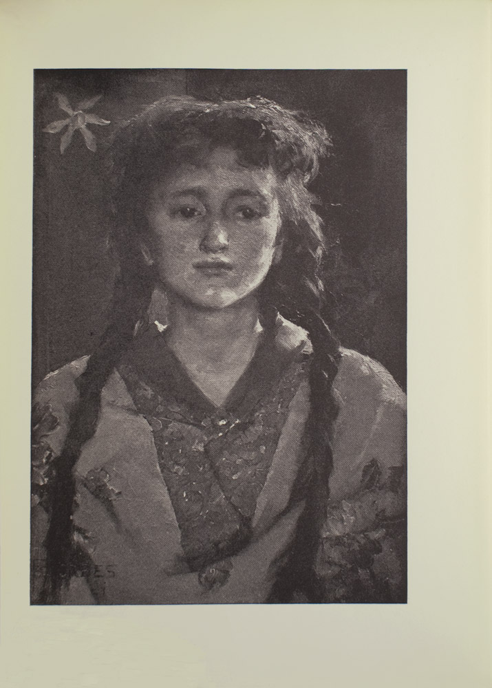Image is of a full face portrait of a young girl She is shown from the shoulders up her long dark braids fall over the front of her shoulders Her shoulders divide the image in half horizontally She is wearing a patterned collared shirt with a single button a patterned flowered shawl is worn over top There is a light coloured jonquil flower in the background to the left of the girls head Her gaze is pensive as she looks slightly to her left where an unspecified light source is casting strong highlights on her left shoulder cheek chin upper lip and nose The artists signature E Forbes is located in the bottom left of the image