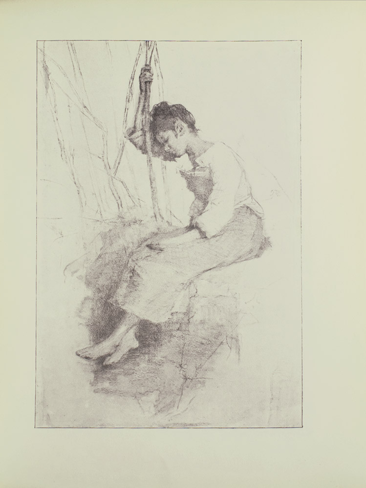 Image is of a young woman or girl sitting down She is wearing a light coloured dress with long sleeves and her hair is pulled up into a bun Her right arm is holding on to a branch or pole The branch or pole divides the image in half vertically She is shown in left profile with closed eyes her head leaning against her extended arm Her left arm is resting in her lap She is barefoot in an unidentifiable setting The background is open and light coloured The image is vertically displayed