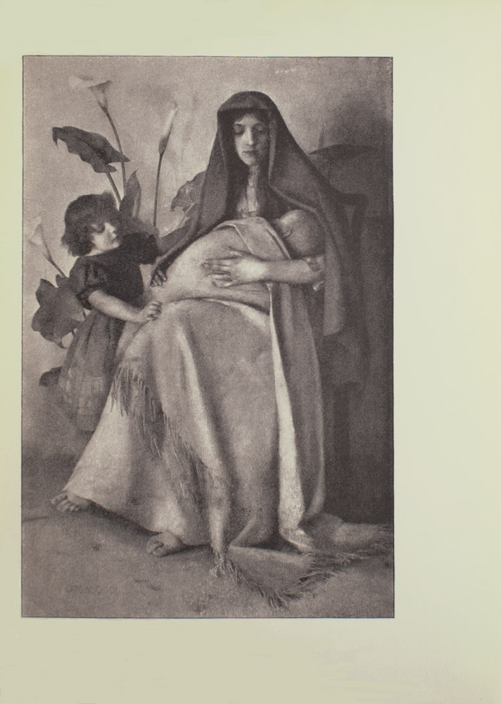 Image is of a woman sitting down on a chair and cradling a child She is wearing a headdress which drapes over her shoulders and a floor length dress Her toes can be seen poking out from underneath her hemline She is shown in full face looking down to the right where an infant is wrapped in blankets To the left is an angel or cherub with short dark hair wearing a dark coloured dress with rouched sleeves Her arms are extended the left one is touching the womans arm while the right arm is resting on the womans leg Behind the angel or cherub is a Calla lily plant The figure of the woman casts a shadow on the wall The artists signature is in the bottom left corner CAROLINE GOTCH The image is vertically displayed