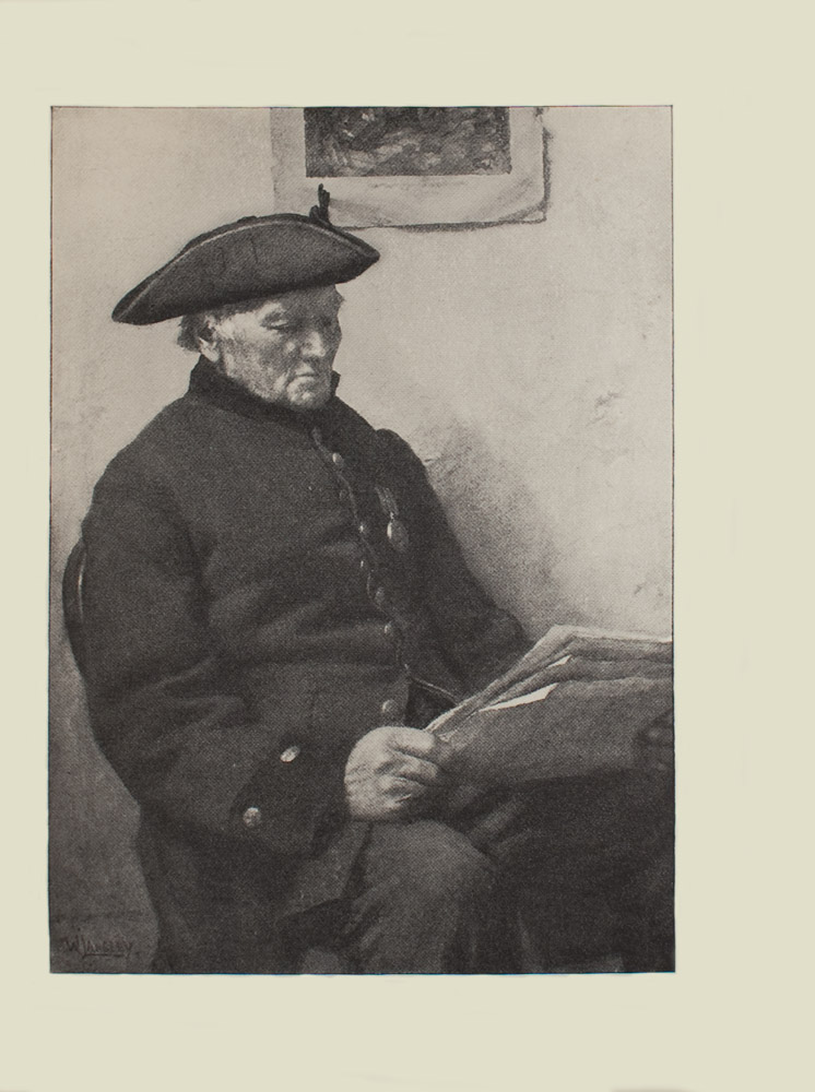 Image is of a soldier sitting reading a newspaper He is shown in 3 4 face wearing military regalia His coat has every other metal button done up and it is open at the bottom He is wearing a tricorne On the left lapel of his jacket is a medal He is looking down at the folded newspaper There is a print immediately behind him in the centre of the wall The wall is bare and light coloured The artists signature W Langley is in the bottom left corner The image is vertically displayed